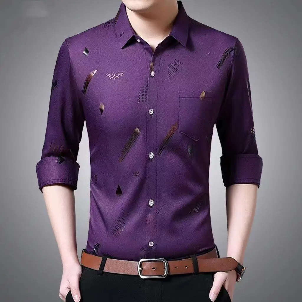 Men's Printed Long Sleeve Shirt Purple Slim Fit