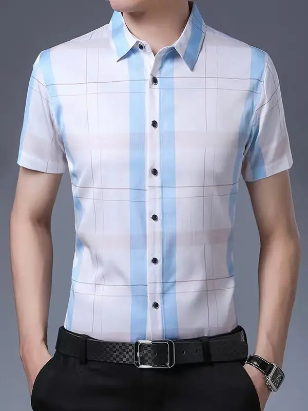 Men Plaid Short Sleeve Shirt Blue Light Lapel - Image 20