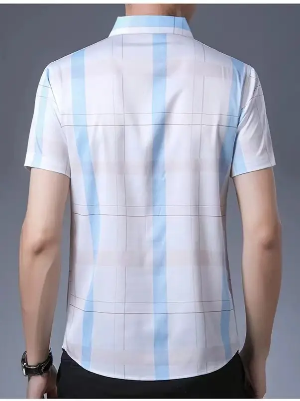 Men Plaid Short Sleeve Shirt Blue Light Lapel - Image 21
