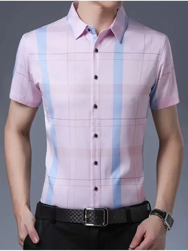 Men Plaid Short Sleeve Shirt Blue Light Lapel - Image 23