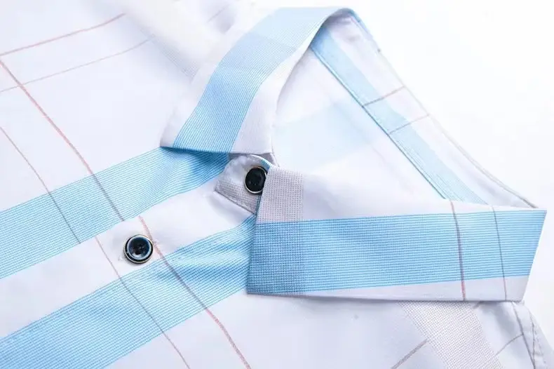 Men Plaid Short Sleeve Shirt Blue Light Lapel — feature 12