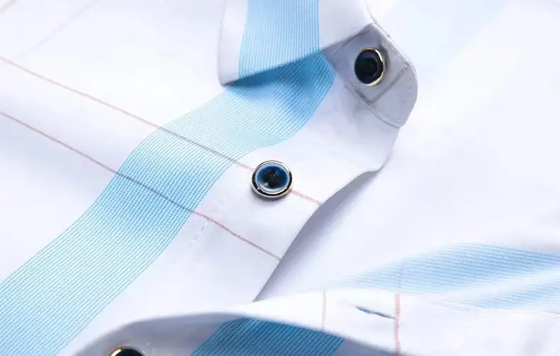 Men Plaid Short Sleeve Shirt Blue Light Lapel — feature 13