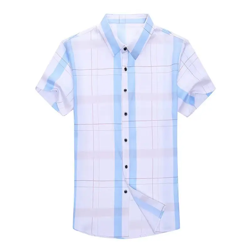 Men Plaid Short Sleeve Shirt Blue Light Lapel — feature 15
