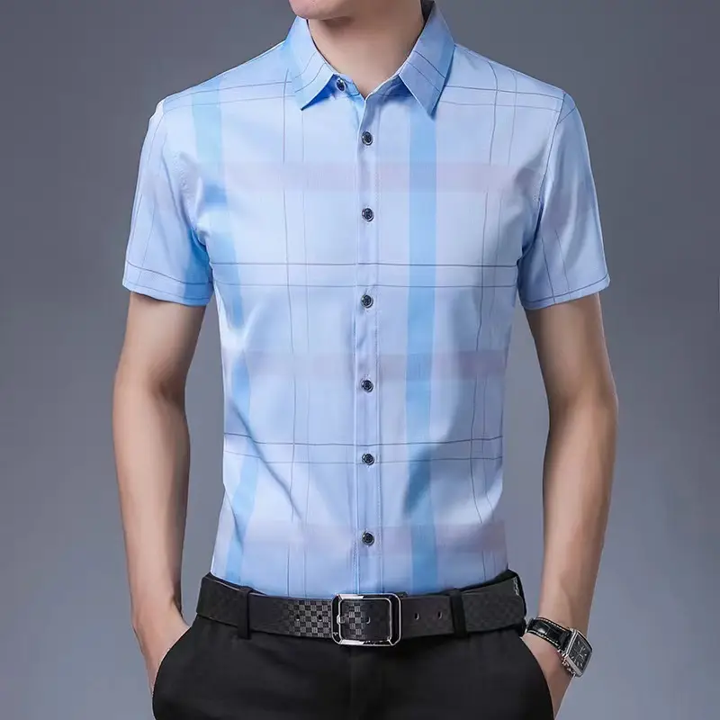 Men Plaid Short Sleeve Shirt Blue Light Lapel — feature 3