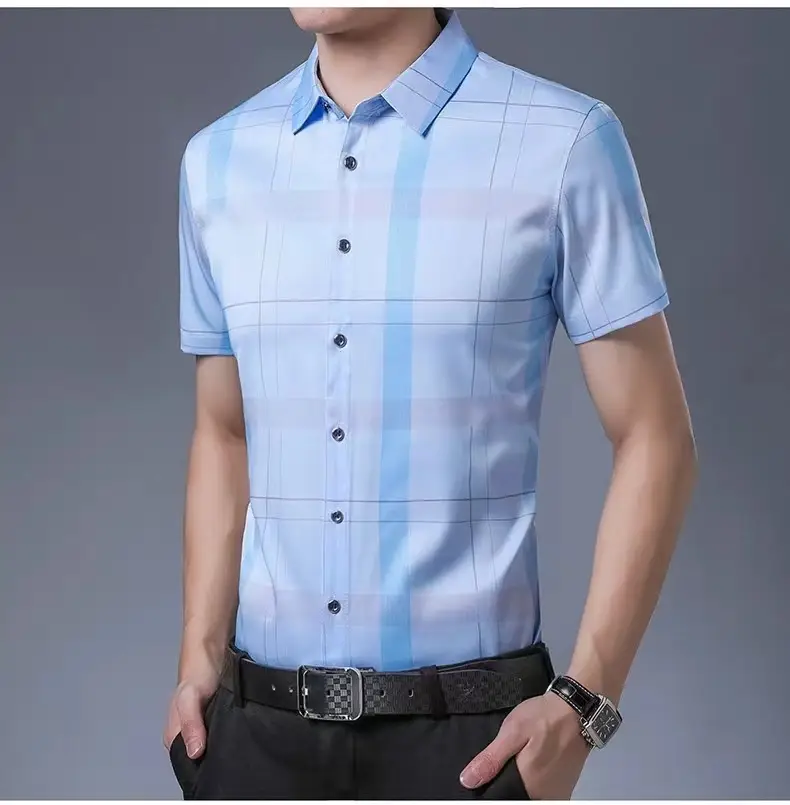 Men Plaid Short Sleeve Shirt Blue Light Lapel — feature 4