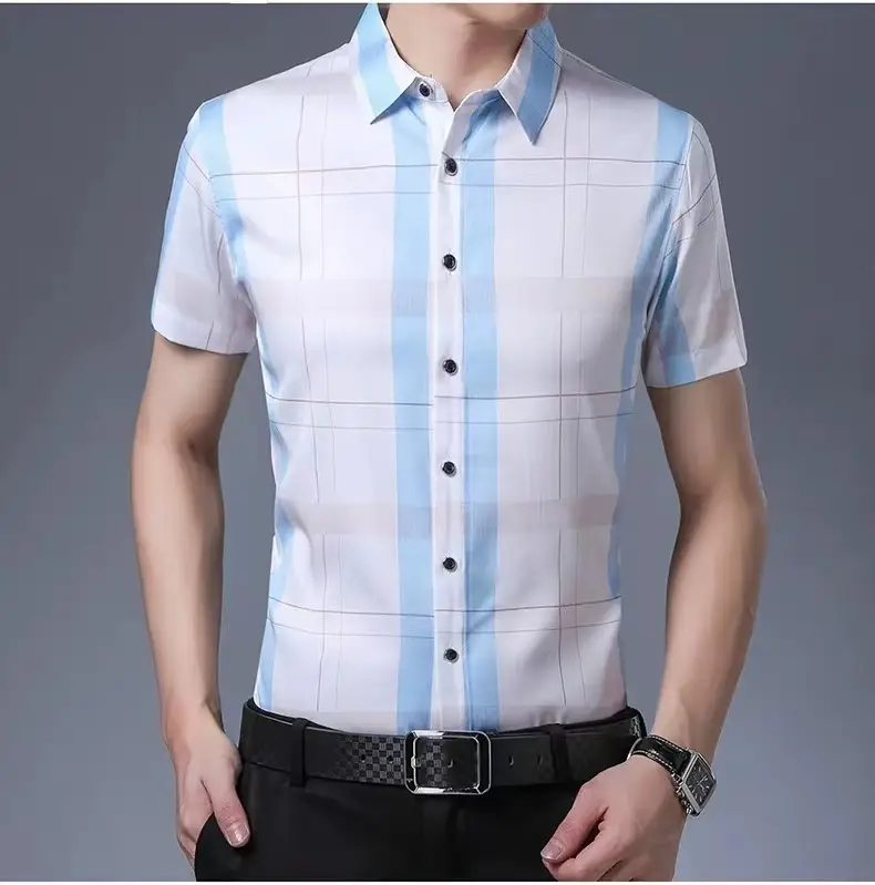 Men Plaid Short Sleeve Shirt Blue Light Lapel — feature 5