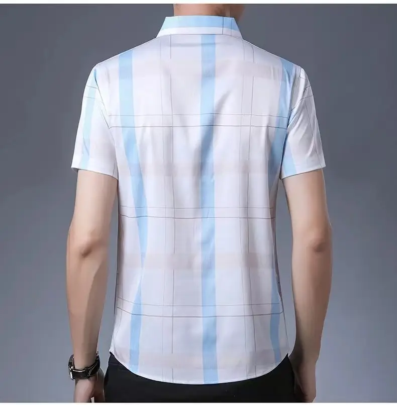 Men Plaid Short Sleeve Shirt Blue Light Lapel — feature 6
