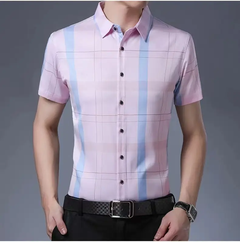 Men Plaid Short Sleeve Shirt Blue Light Lapel — feature 7