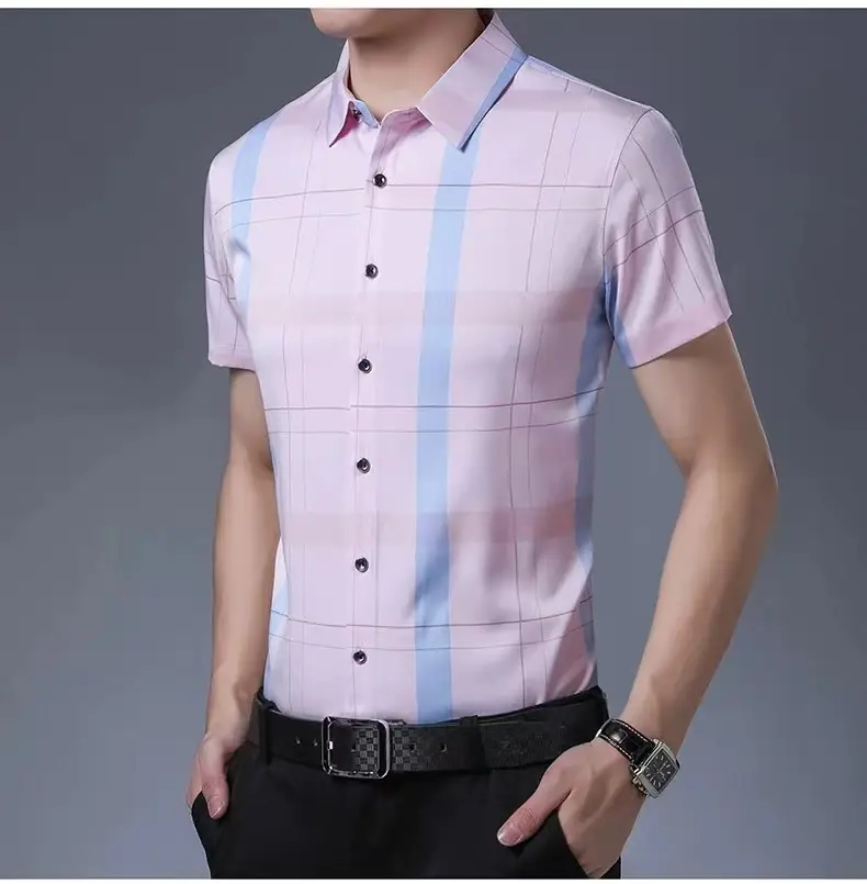 Men Plaid Short Sleeve Shirt Blue Light Lapel — feature 8