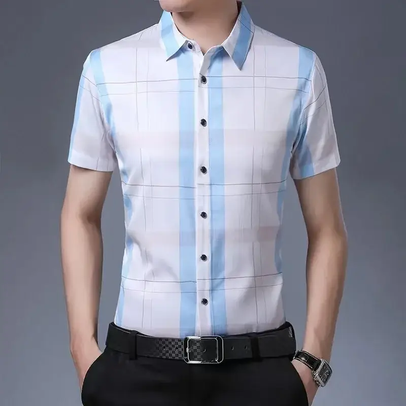 Men Plaid Short Sleeve Shirt Blue Light Lapel - Image 11