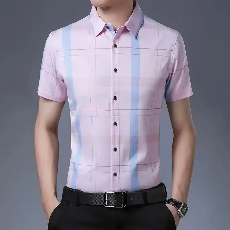 Men Plaid Short Sleeve Shirt Blue Light Lapel - Image 18