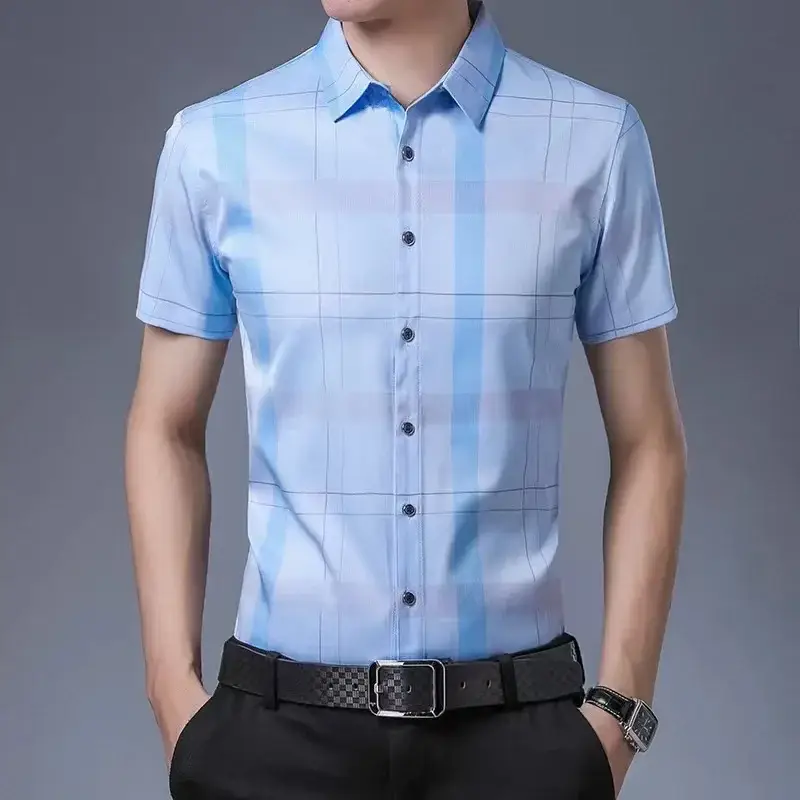 Men Plaid Short Sleeve Shirt Blue Light Lapel - Image 2