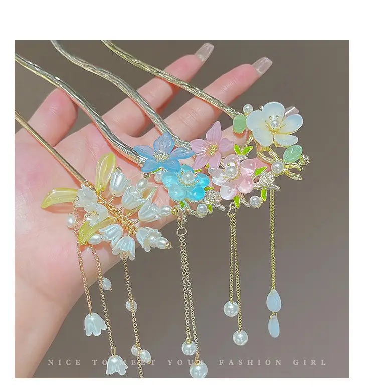 Lily Flower Tassel Hairpin Women Ancient Style New Chinese Style Chopsticks Metal Plate Hairpin Hanfu Headdress — feature 5