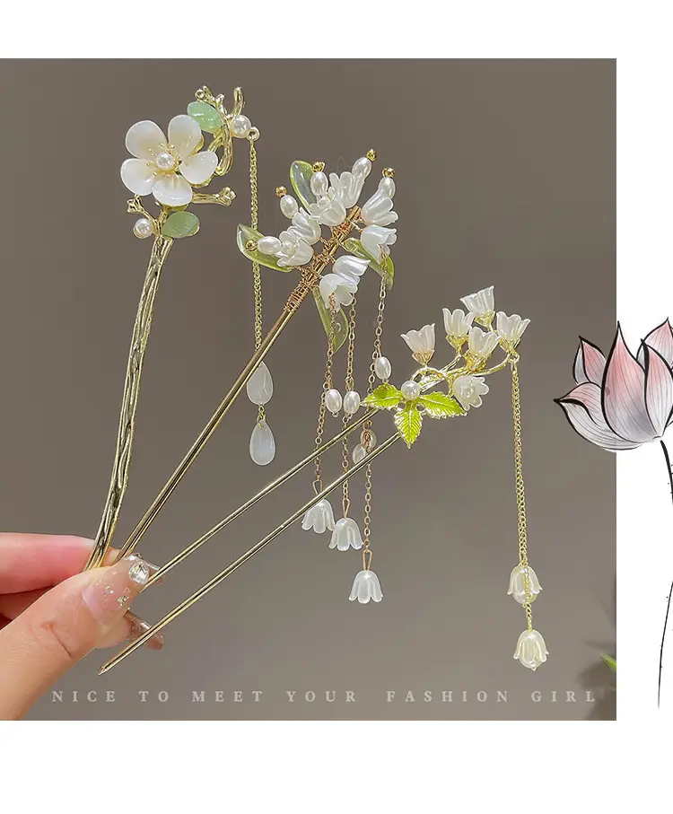Lily Flower Tassel Hairpin Women Ancient Style New Chinese Style Chopsticks Metal Plate Hairpin Hanfu Headdress — feature 6