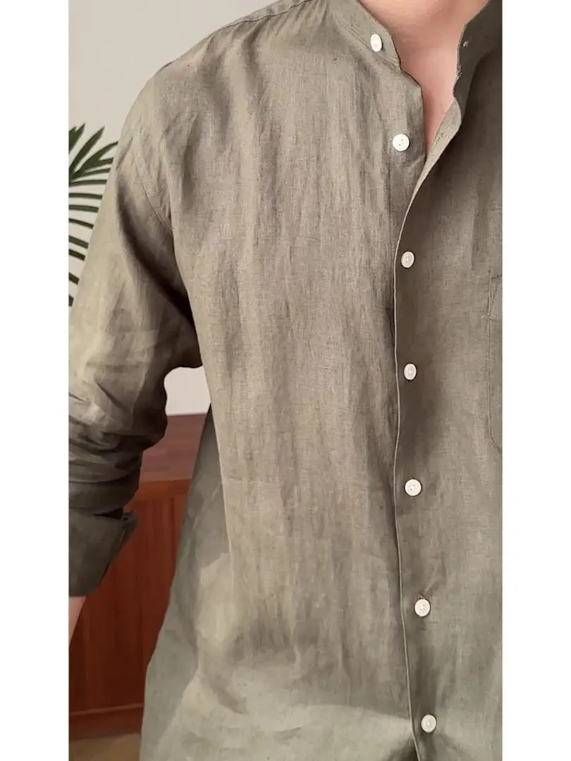 Men's Long-Sleeved Linen Shirt with Henry Collar