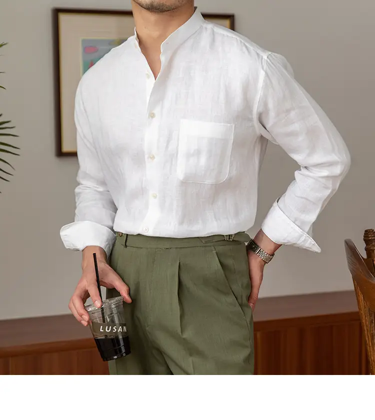 Men's Long-Sleeved Linen Shirt with Henry Collar — feature 12