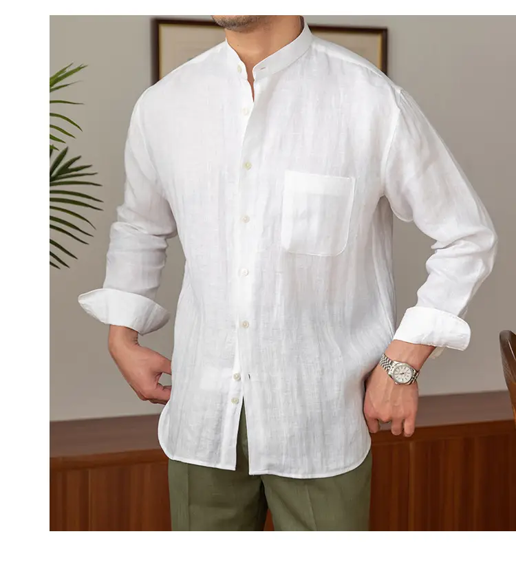 Men's Long-Sleeved Linen Shirt with Henry Collar — feature 8