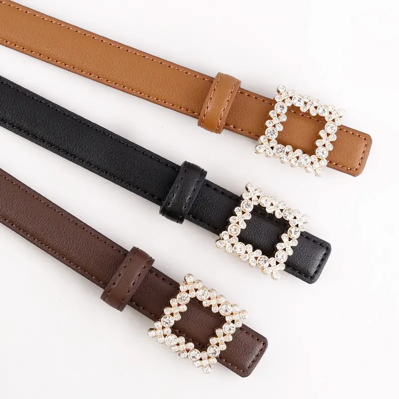 Women's Black Rhinestone Square Belt with Genuine Leather - Image 5
