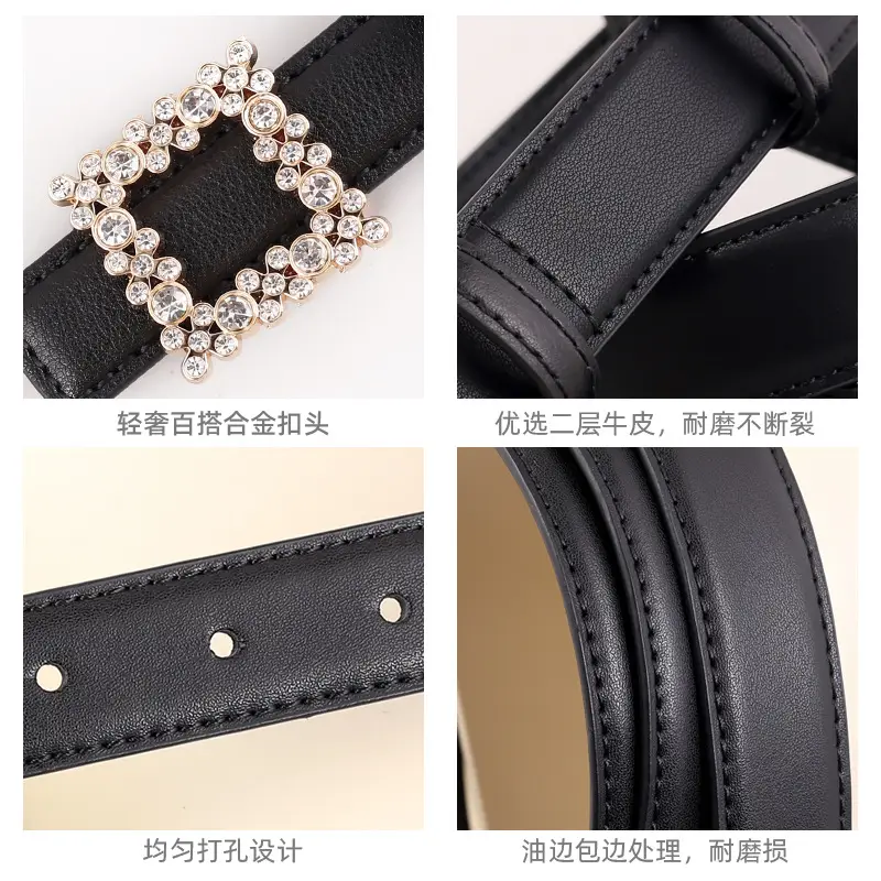 Women's Black Rhinestone Square Belt with Genuine Leather - Image 6