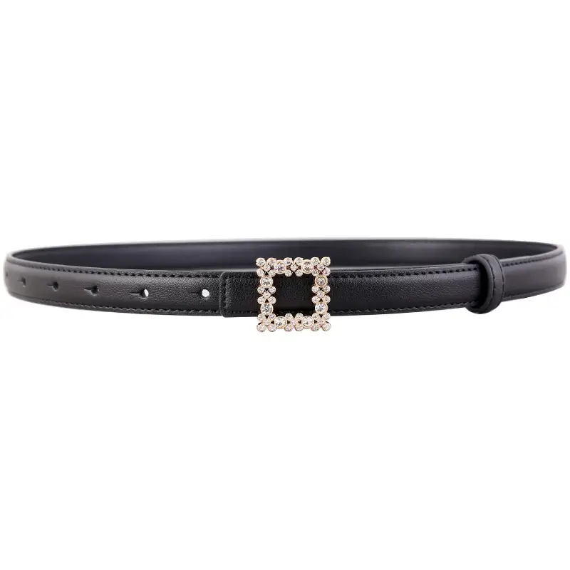 Women's Black Rhinestone Square Belt with Genuine Leather - Image 8