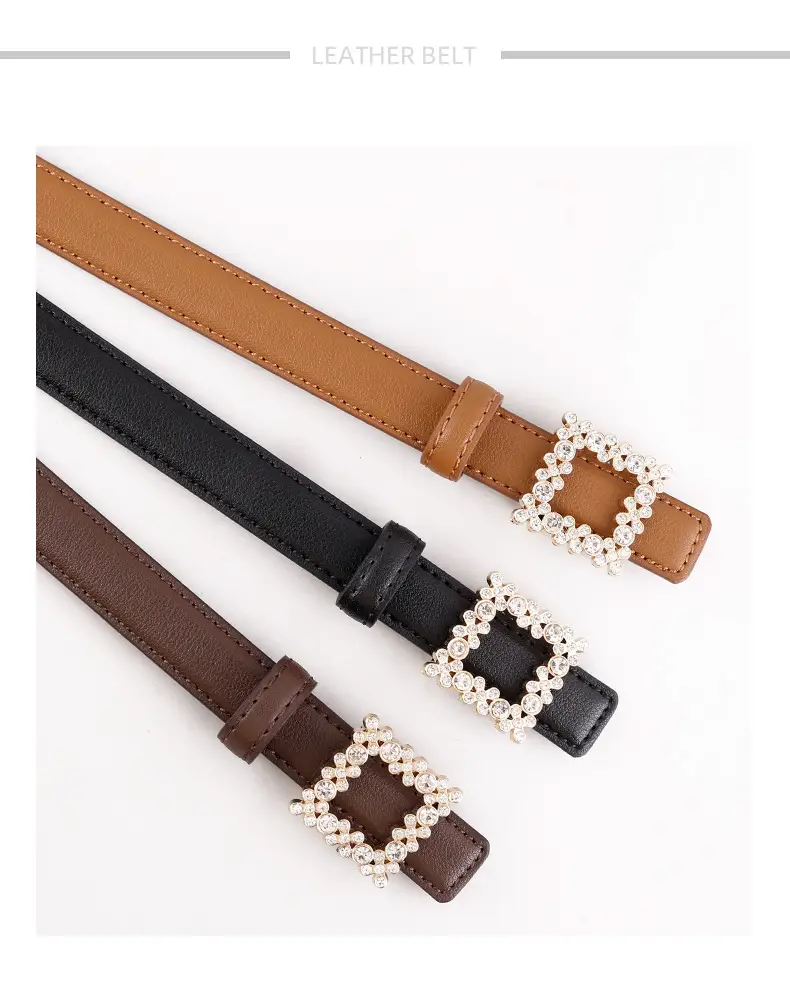 Women's Black Rhinestone Square Belt with Genuine Leather — feature 24