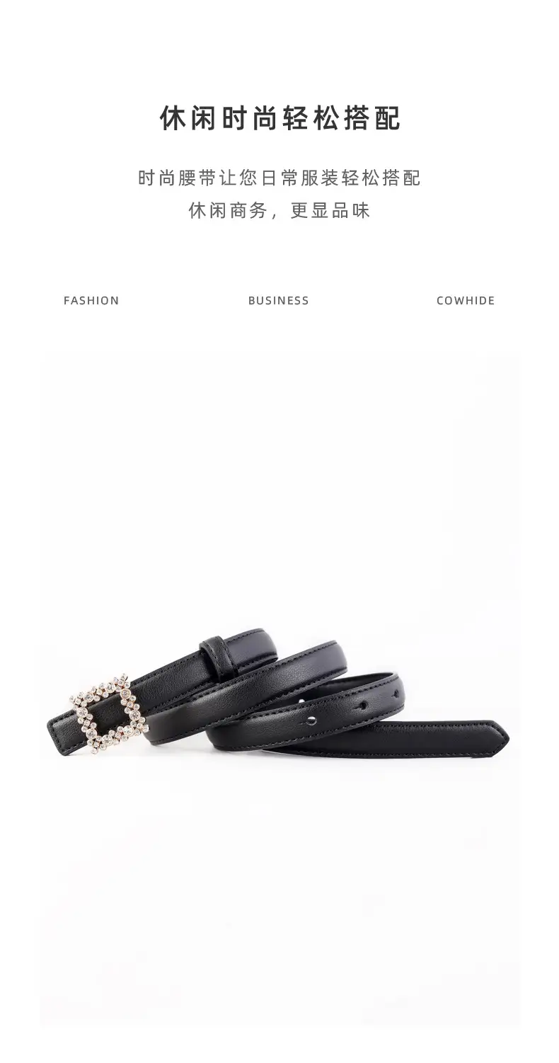 Women's Black Rhinestone Square Belt with Genuine Leather — feature 27