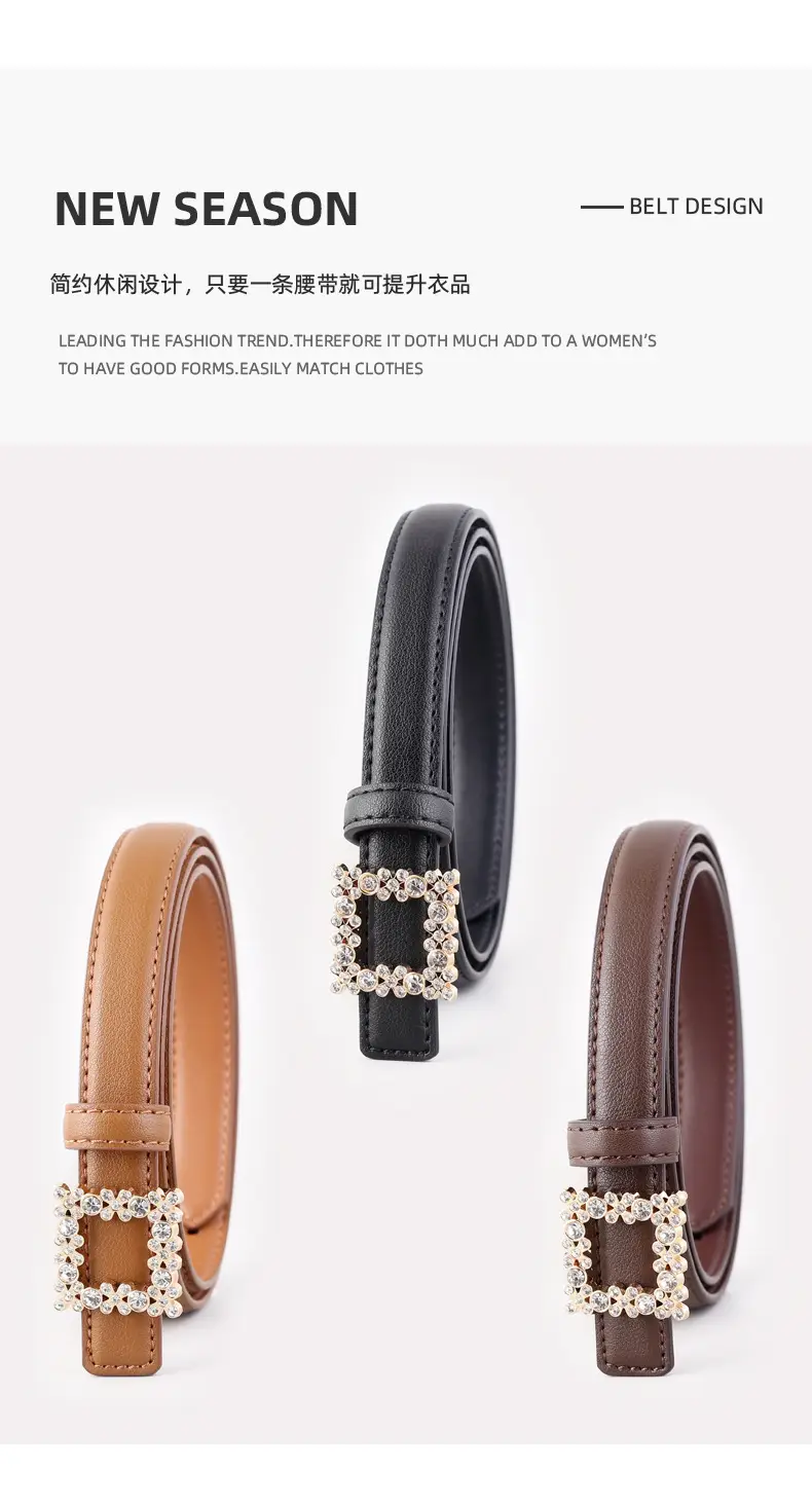 Women's Black Rhinestone Square Belt with Genuine Leather — feature 30