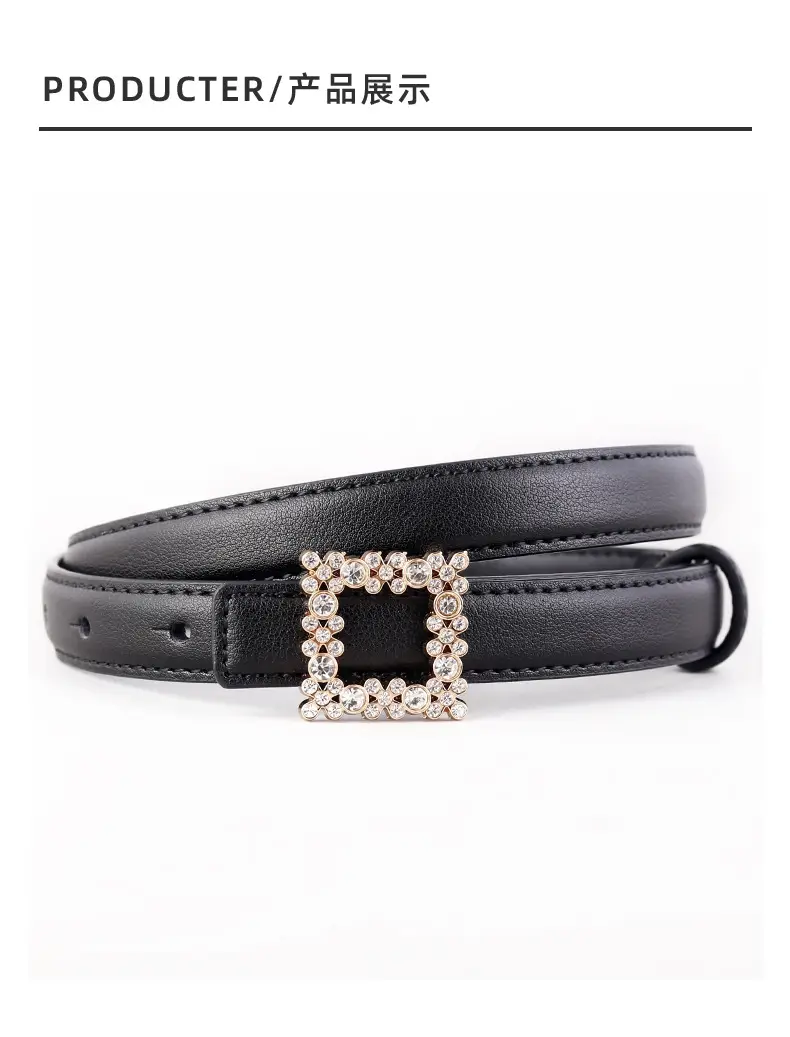 Women's Black Rhinestone Square Belt with Genuine Leather — feature 37