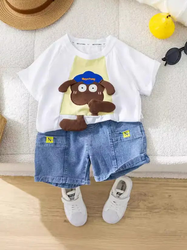 2024 Boys Cotton T-Shirt Suit Korean Cartoon Shorts