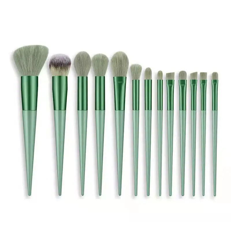 13-piece Green Makeup Brush Set for Beginners with Storage Bag