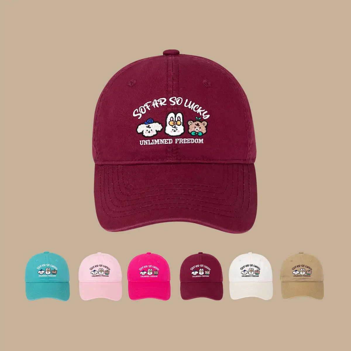Cute Small Animal Embroidered Baseball Cap Women Pink