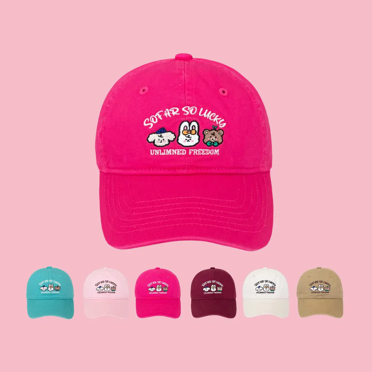 Cute Small Animal Embroidered Baseball Cap Women Pink