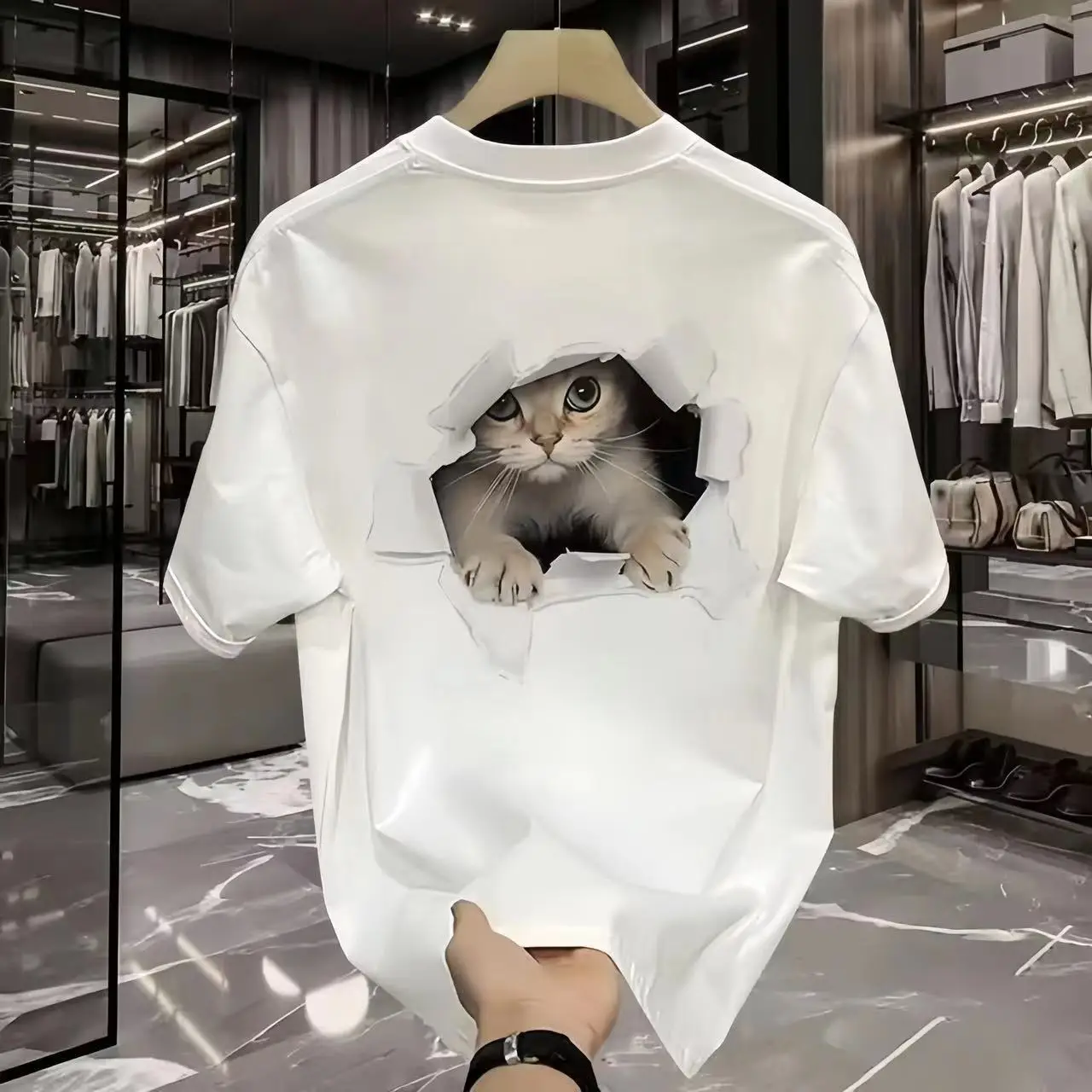 White Black Cat Print Loose T-Shirt Plus Size - Image 5