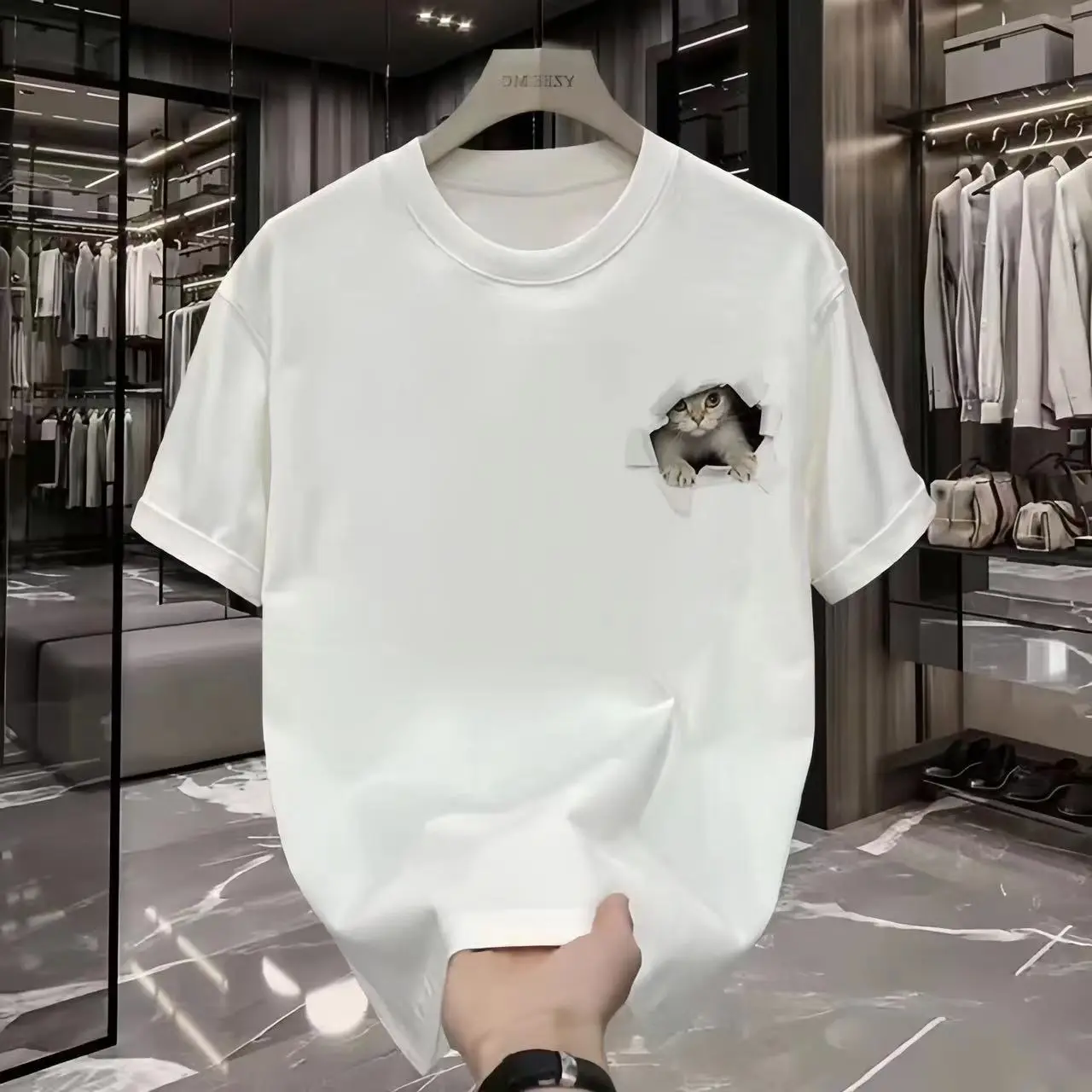 White Black Cat Print Loose T-Shirt Plus Size - Image 6