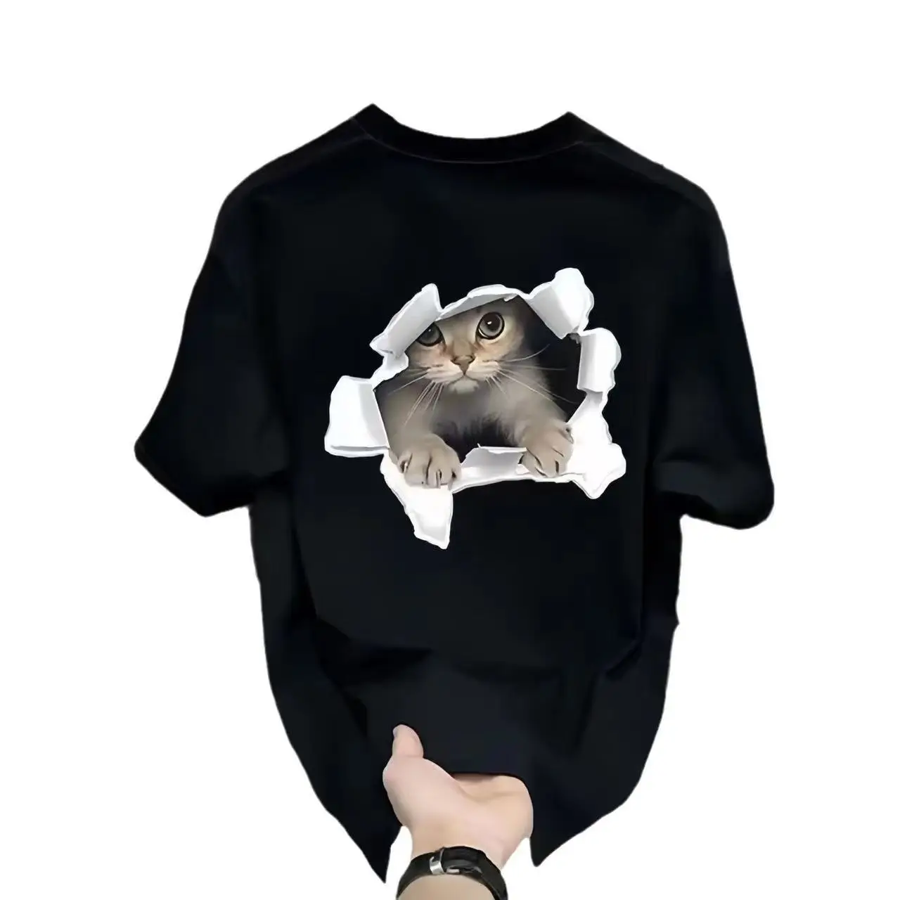 White Black Cat Print Loose T-Shirt Plus Size - Image 9