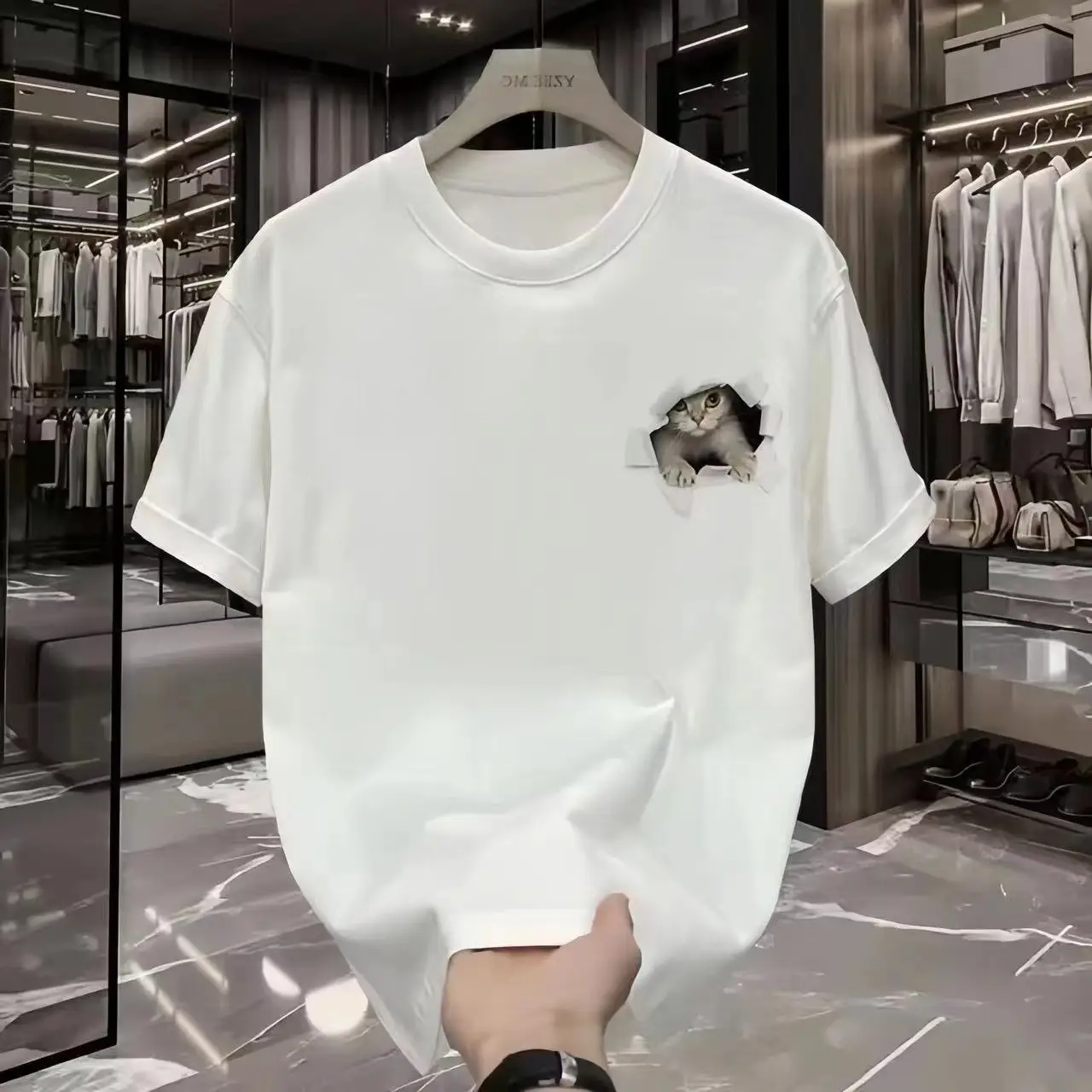 White Black Cat Print Loose T-Shirt Plus Size - Image 2