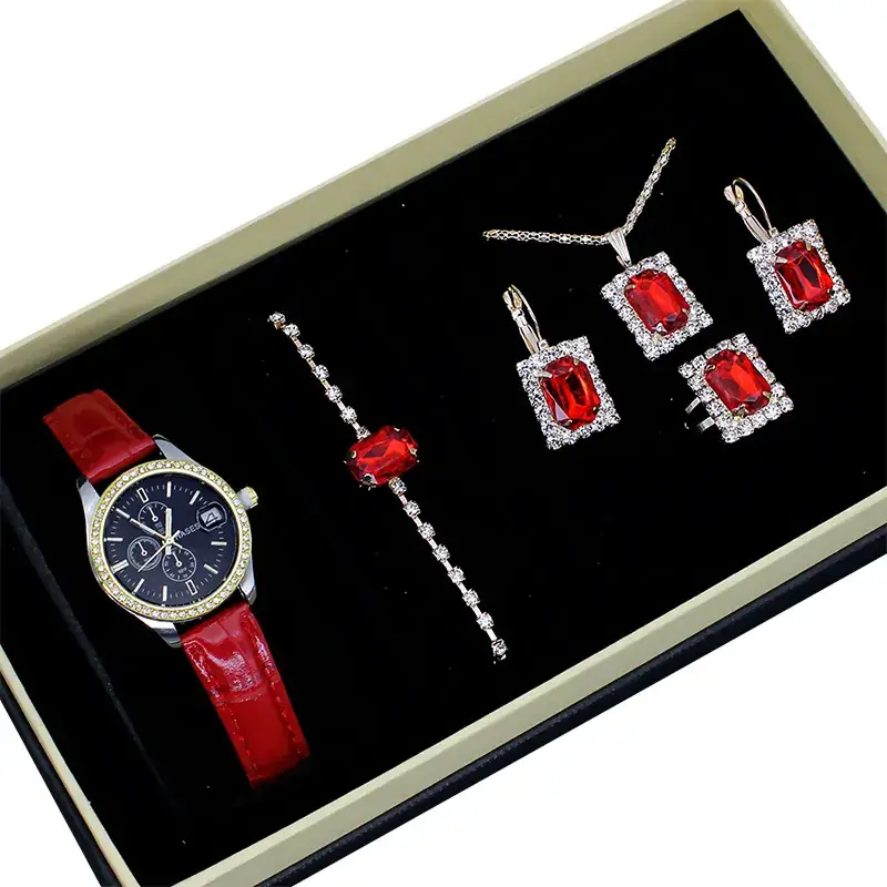 Women's 5-Piece Red Square Jewelry Set with Watch - Image 17