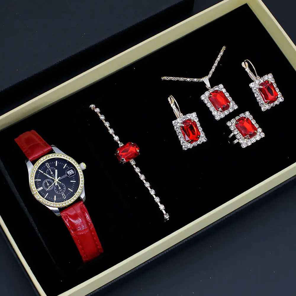 Women's 5-Piece Red Square Jewelry Set with Watch — feature 4