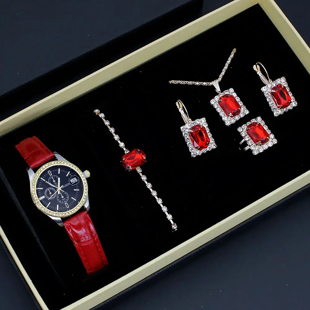 Women's 5-Piece Red Square Jewelry Set with Watch - Image 2