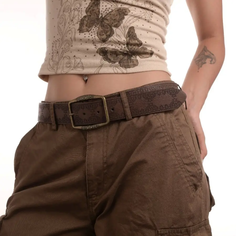 Women's Belted Jeans Brown Retro American Style - Image 3