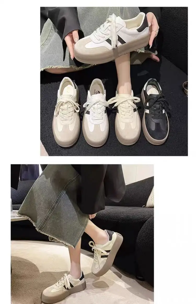 Women's thick-soled sneakers 2024 spring new versatile casual German training shoes retro soft bottom white shoes leather single shoes — feature 3