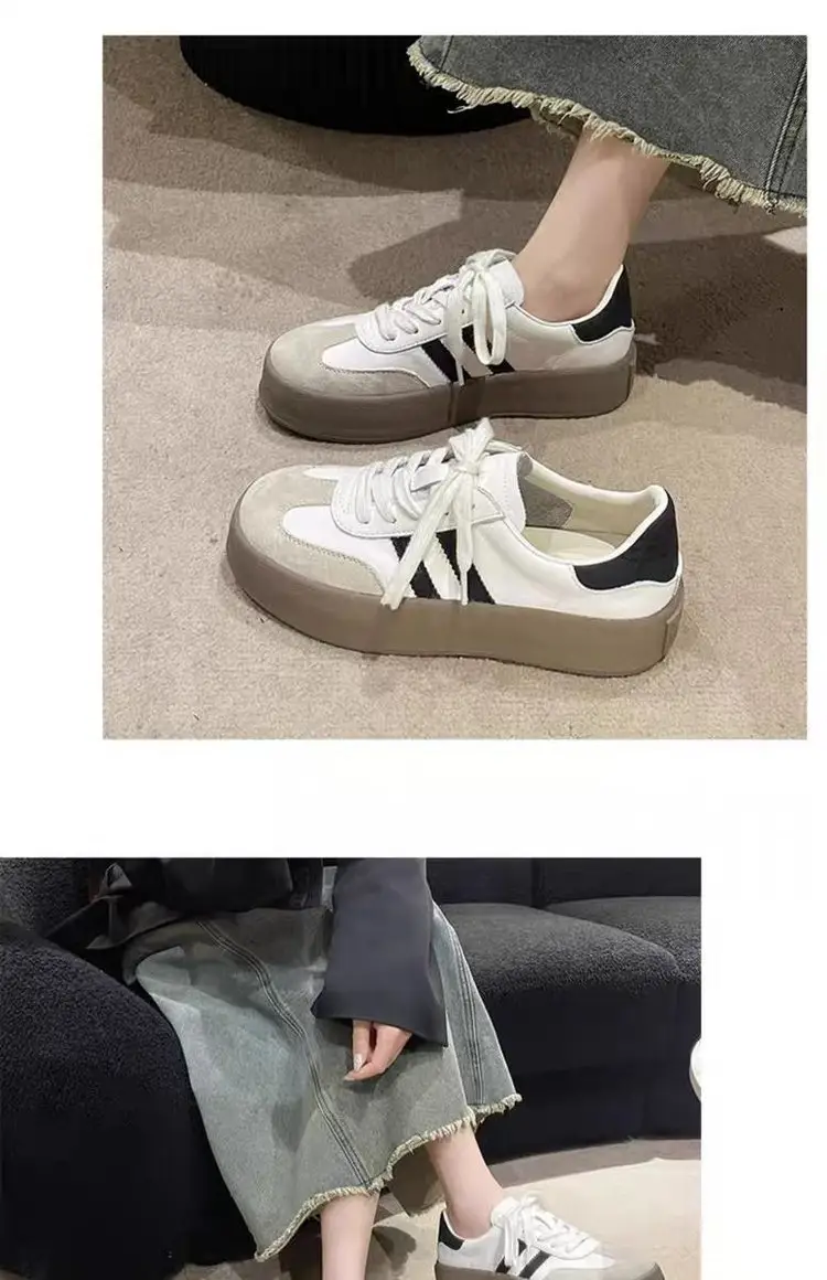 Women's thick-soled sneakers 2024 spring new versatile casual German training shoes retro soft bottom white shoes leather single shoes — feature 5