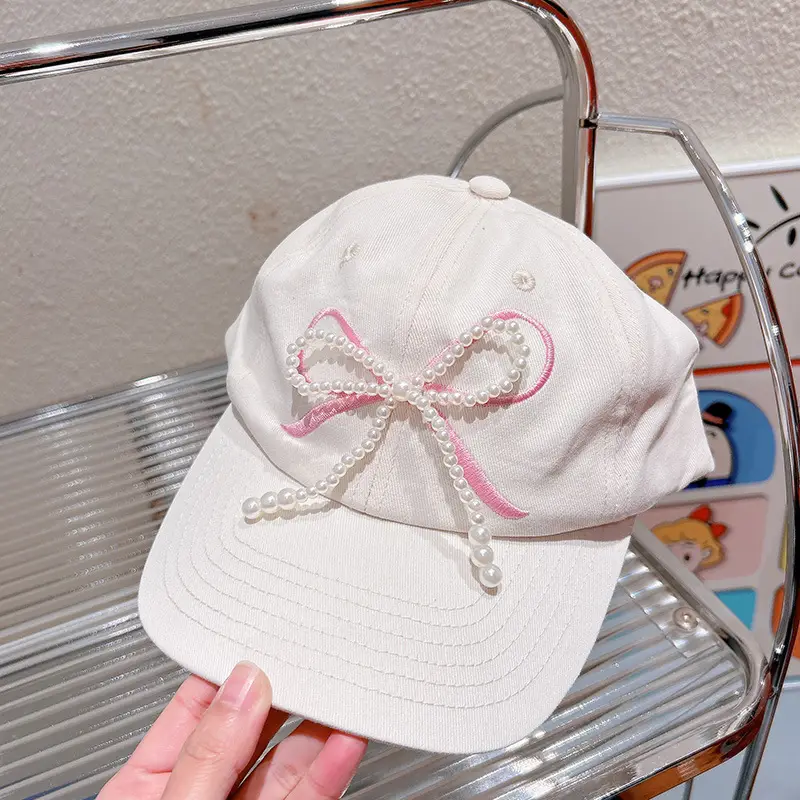 HD312A06 Women's Pearl Bow Embroidered Baseball Cap - Image 3
