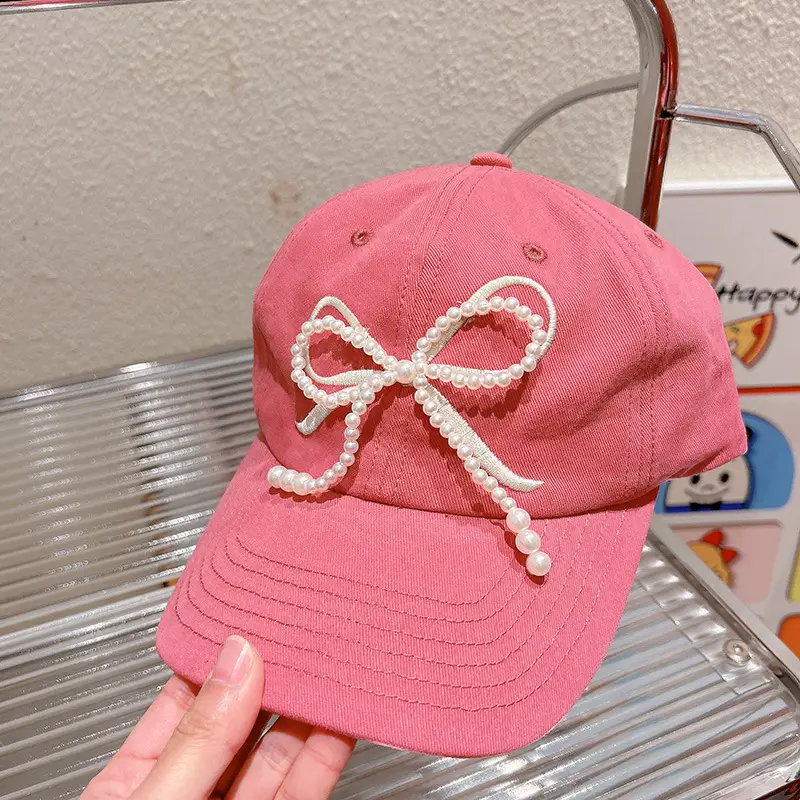 HD312A06 Women's Pearl Bow Embroidered Baseball Cap - Image 4