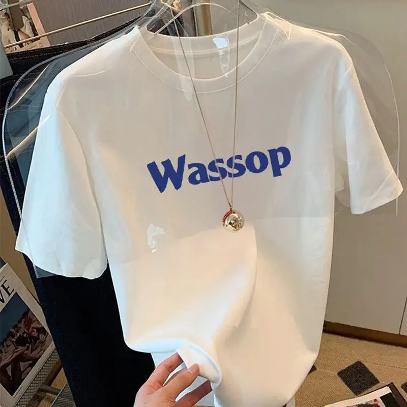 Summer new 2024 Summer shoulder short-sleeved T-shirt men and women versatile slimming white letter loose top ins fashion