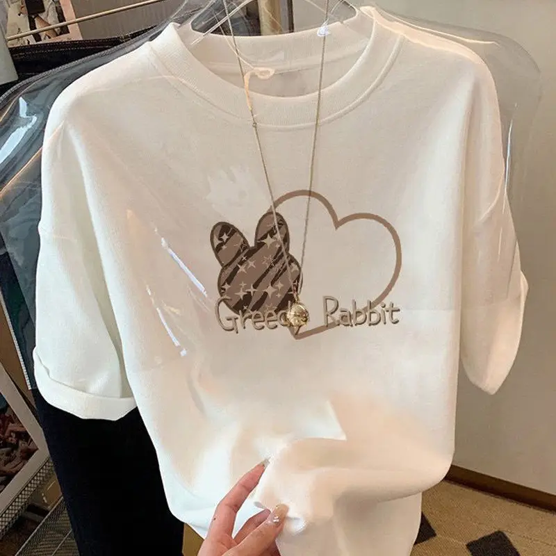 Summer new 2024 Summer shoulder short-sleeved T-shirt men and women versatile slimming white letter loose top ins fashion