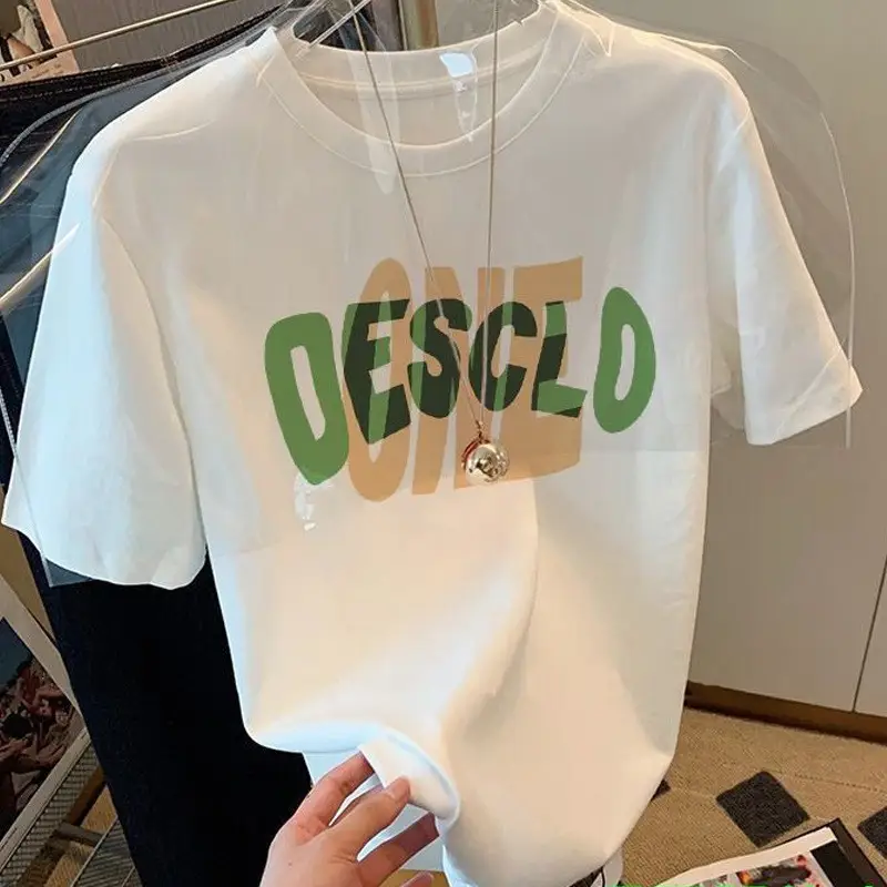 Summer new 2024 Summer shoulder short-sleeved T-shirt men and women versatile slimming white letter loose top ins fashion