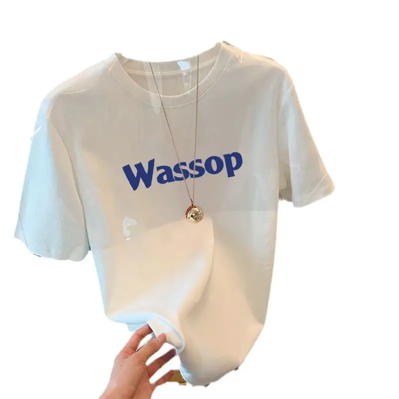 Summer new 2024 Summer shoulder short-sleeved T-shirt men and women versatile slimming white letter loose top ins fashion