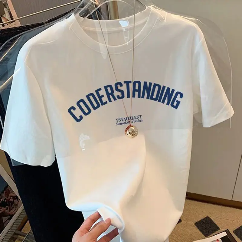 Summer new 2024 Summer shoulder short-sleeved T-shirt men and women versatile slimming white letter loose top ins fashion