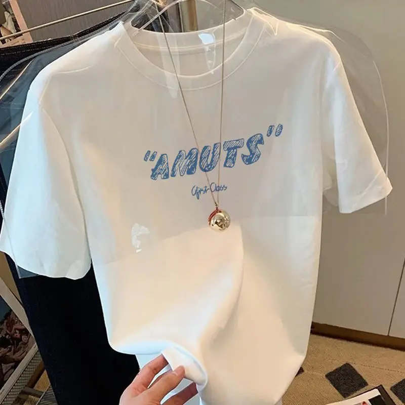 Summer new 2024 Summer shoulder short-sleeved T-shirt men and women versatile slimming white letter loose top ins fashion